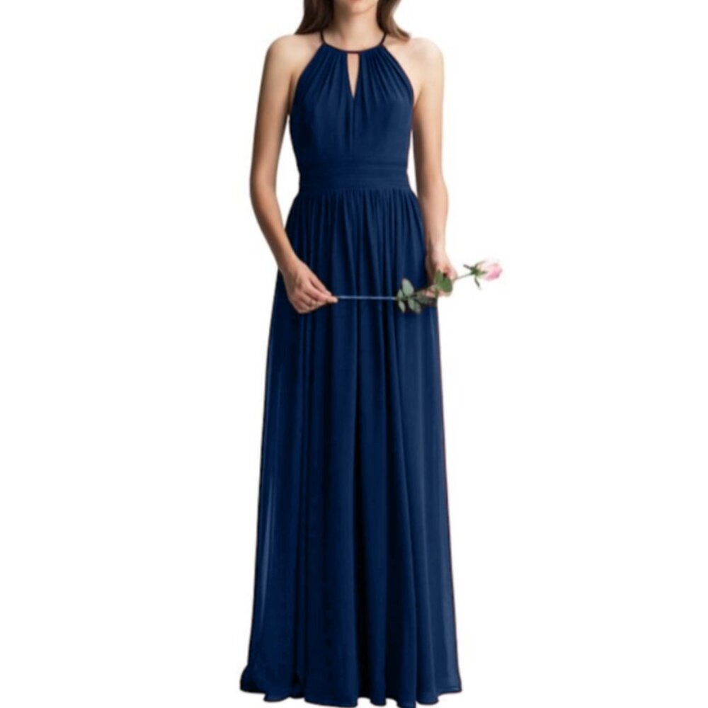 Bill Levkoff High-Neck Keyhole Chiffon Floor Length Bridesmaid Dress in Navy